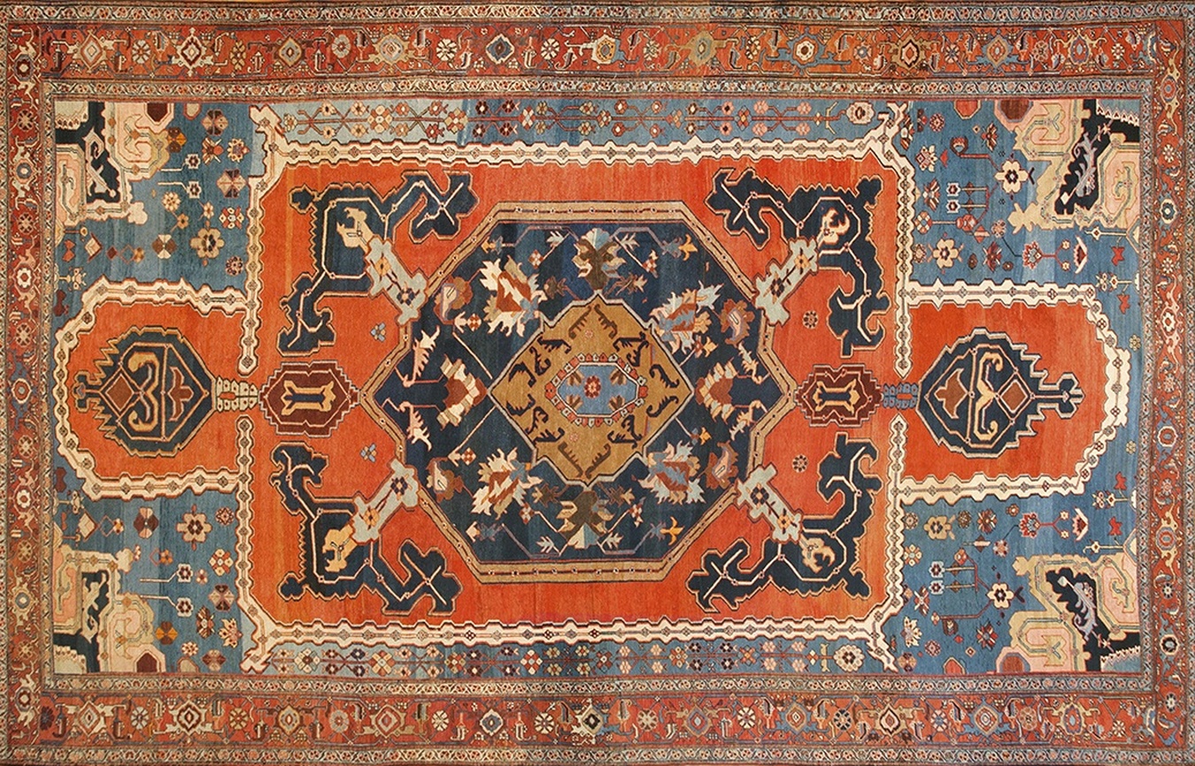 Full view of an antique persian bakhshaiesh rug featuring geometric medallions and muted earthy tones - by rugs on net