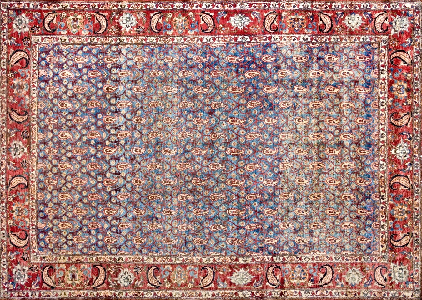 Large antique bakhtiari wool rug showcasing complex geometric garden motifs on a blue field - by rugs on net