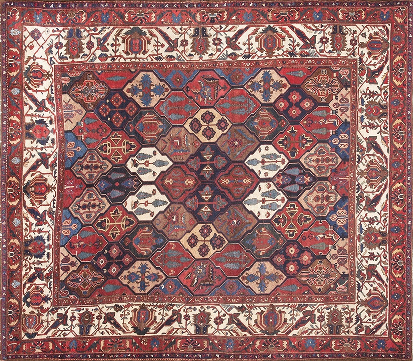 Antique room-size bakhtiari wool rug featuring a complex geometric medallion pattern - by rugs on net