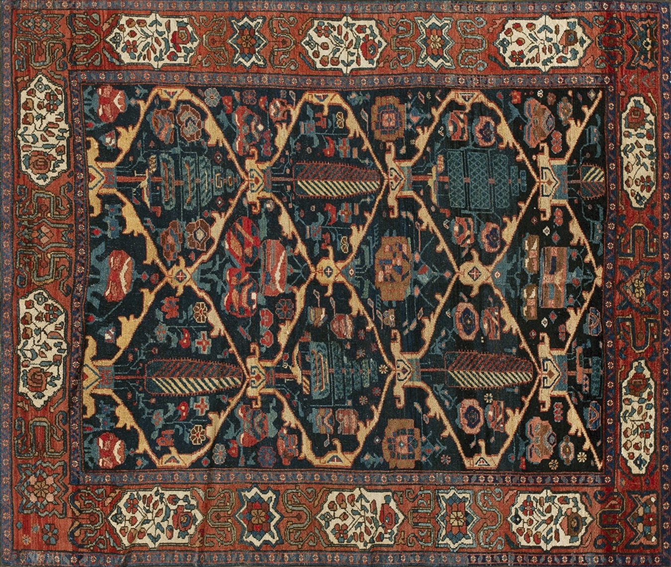 Full view of an antique blue bakhtiari wool rug with detailed geometric motifs - by rugs on net