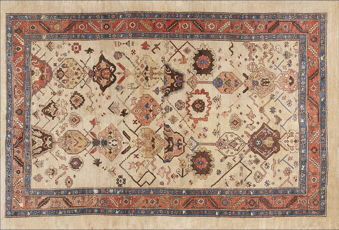 Antique bakshaish persian rug from 1875 featuring geometric patterns in rich brown and earthy tones - by rugs on net