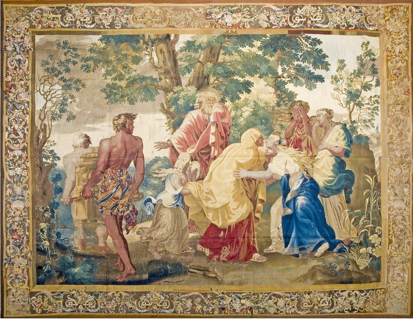 Large antique tapestry rug featuring detailed biblical scenes depicting the life of moses - by rugs on net