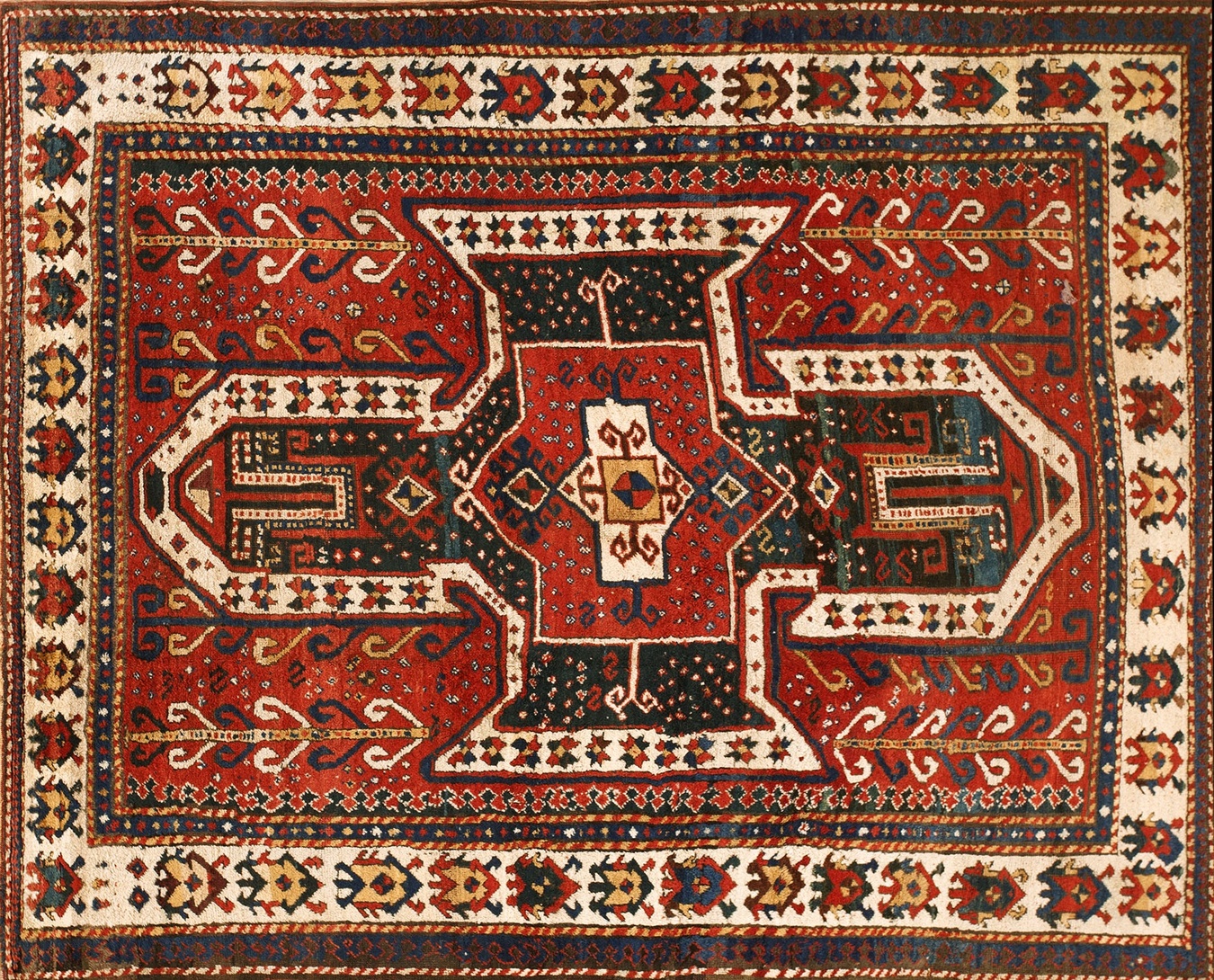 Antique hand-knotted caucasian rug displaying the intricate geometric allover pattern detail - by rugs on net