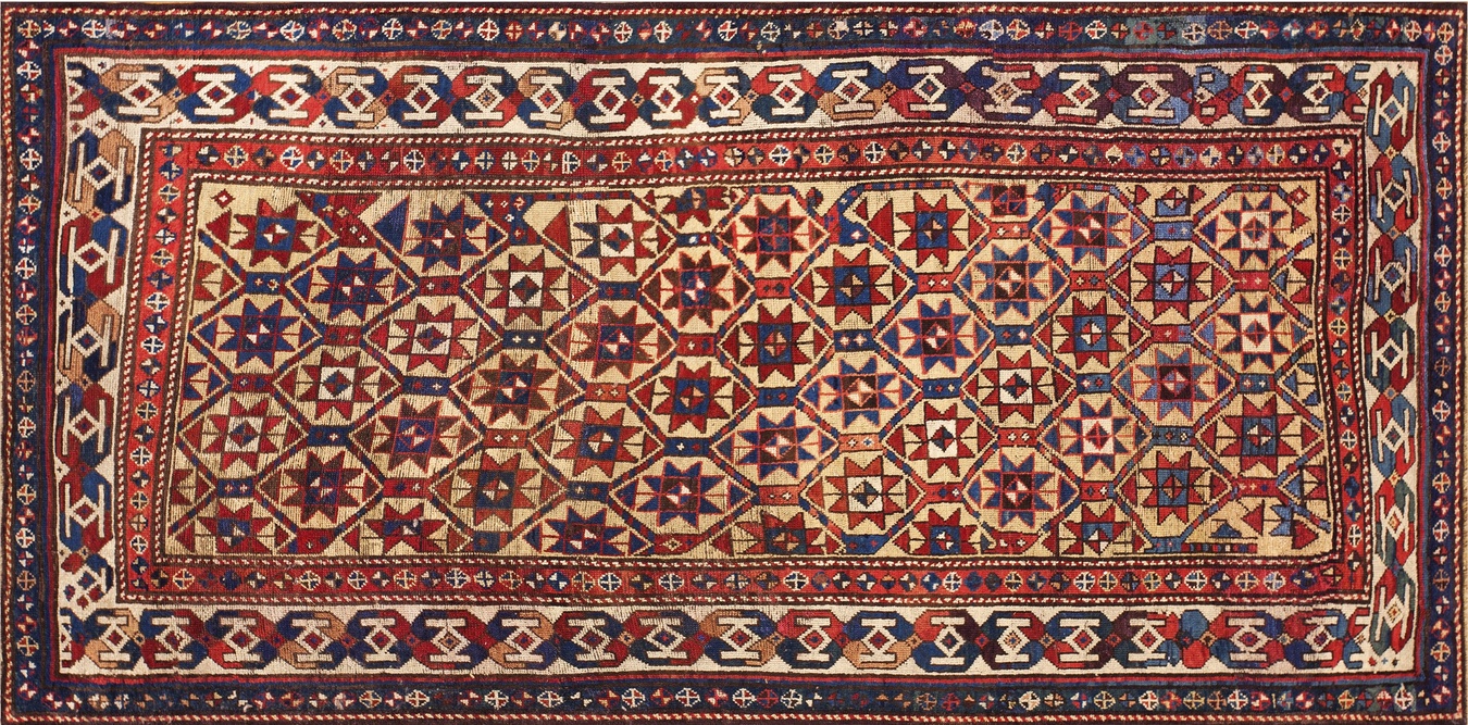 Detailed view of an antique yellow wool caucasian runner rug featuring geometric tribal patterns - by rugs on net