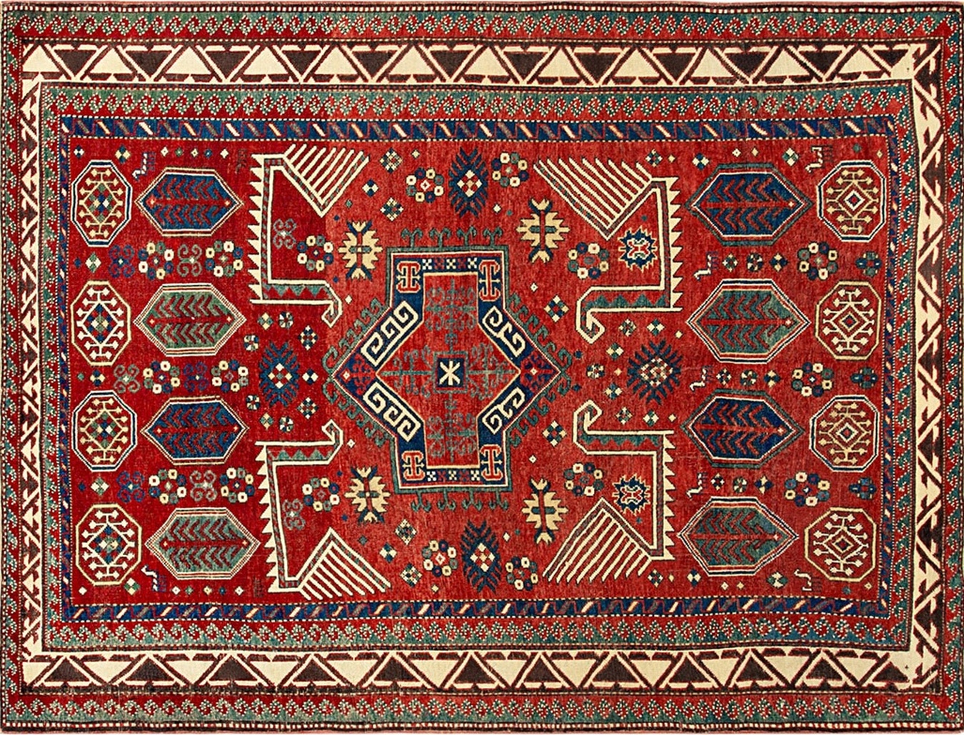 Hand-knotted antique caucasian russian rug displaying coral, navy, and ivory wool pile texture - by rugs on net