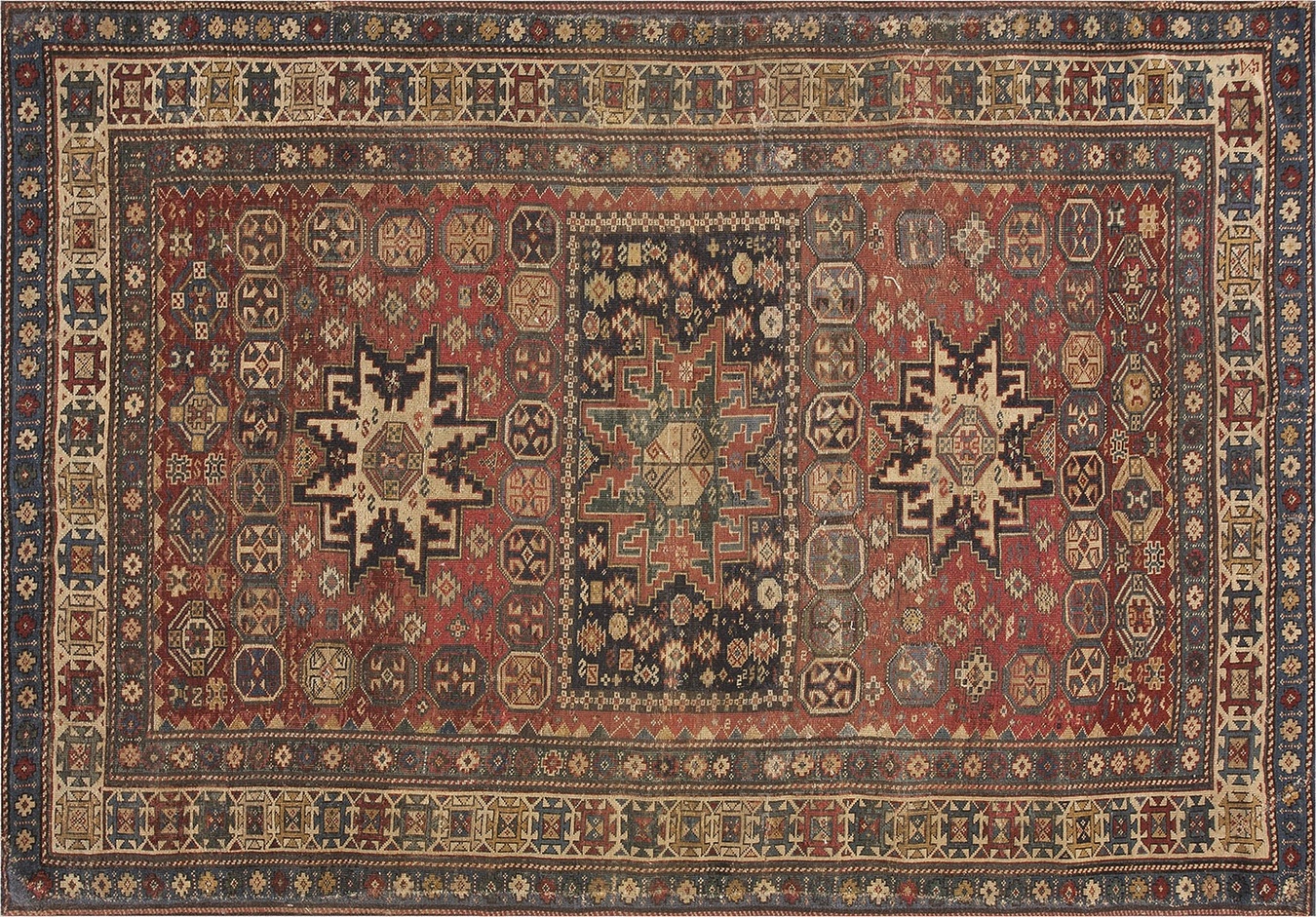 Rectangular antique shirvan caucasian rug displaying detailed central medallions and deep color contrasts - by rugs on net