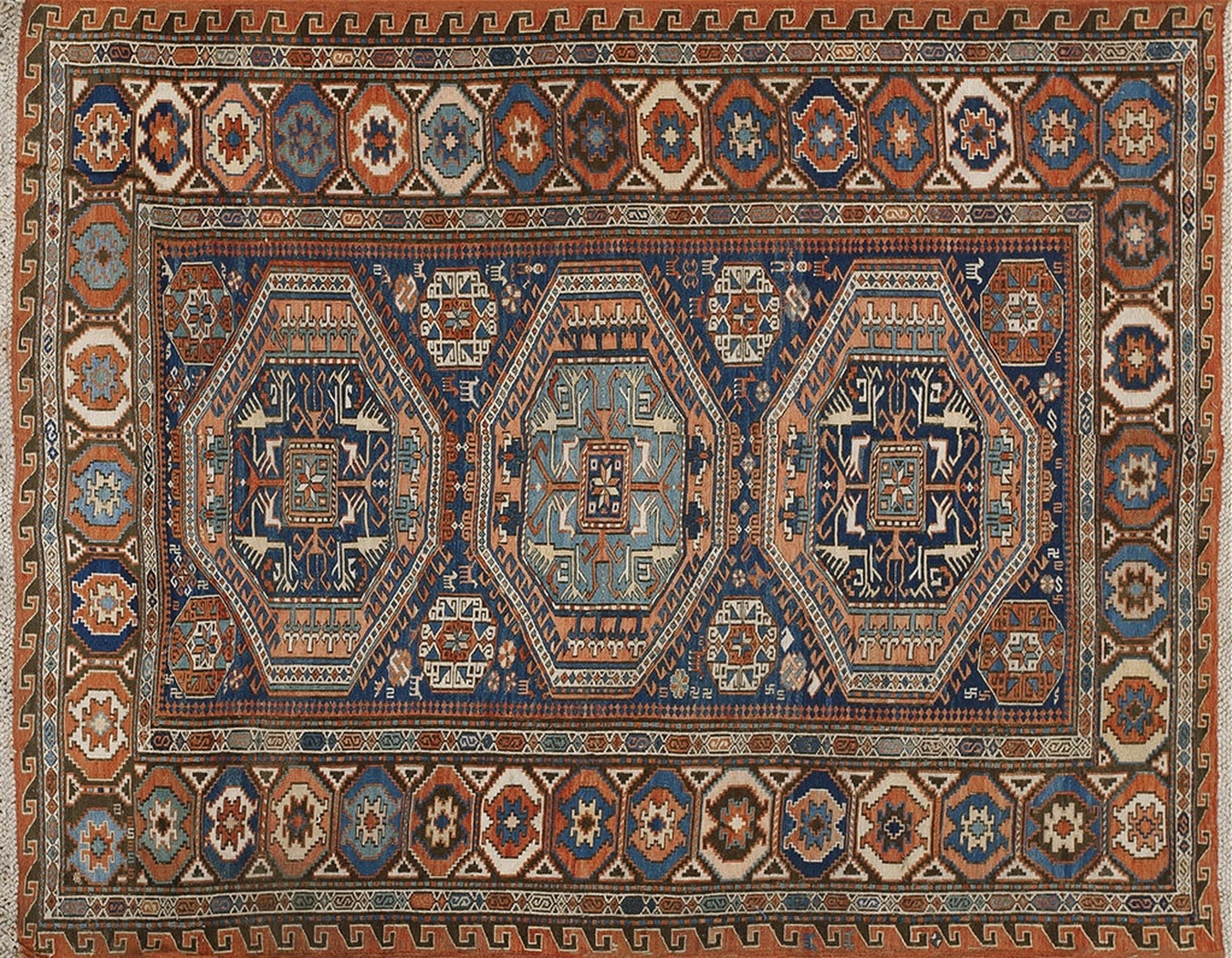 Antique caucasian sumak flat weave rug with intricate geometric patterns visible - by rugs on net