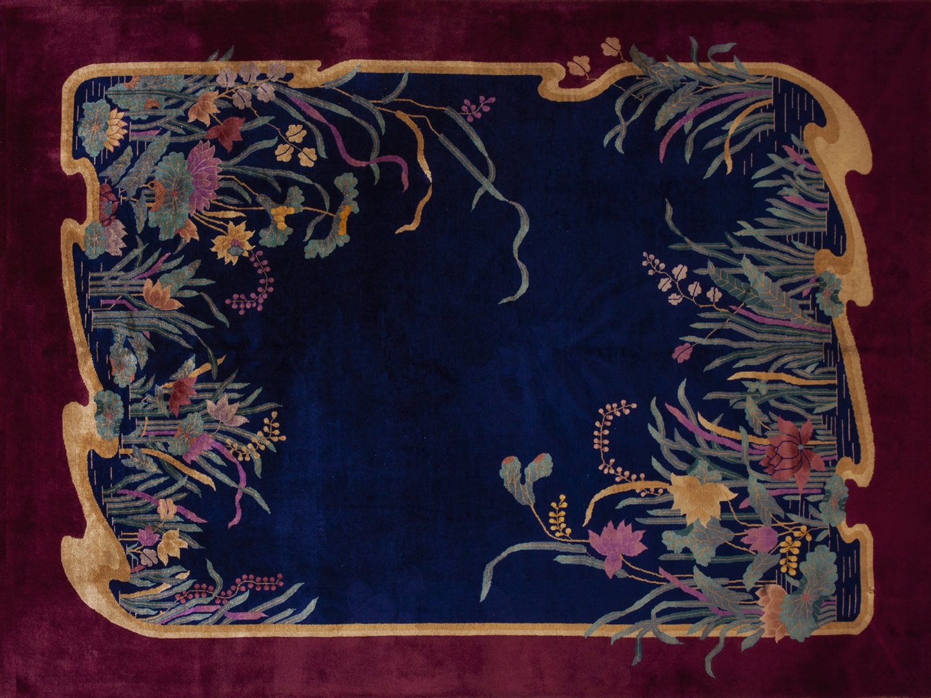 Large antique chinese art deco wool rug featuring a clear blue field and floral border - by rugs on net