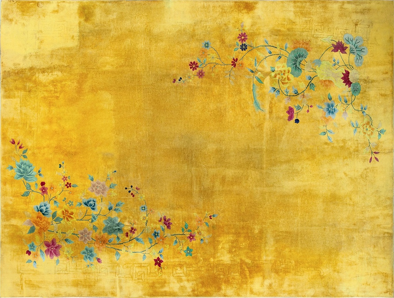 Rectangular antique chinese art deco rug featuring golden yellow fields and elegant floral motifs - by rugs on net
