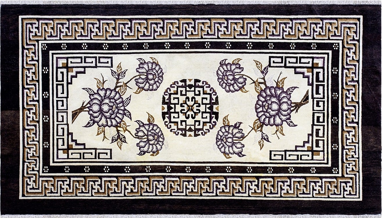 Traditional blue and beige antique chinese baotou rug showcasing detailed allover medallions - by rugs on net