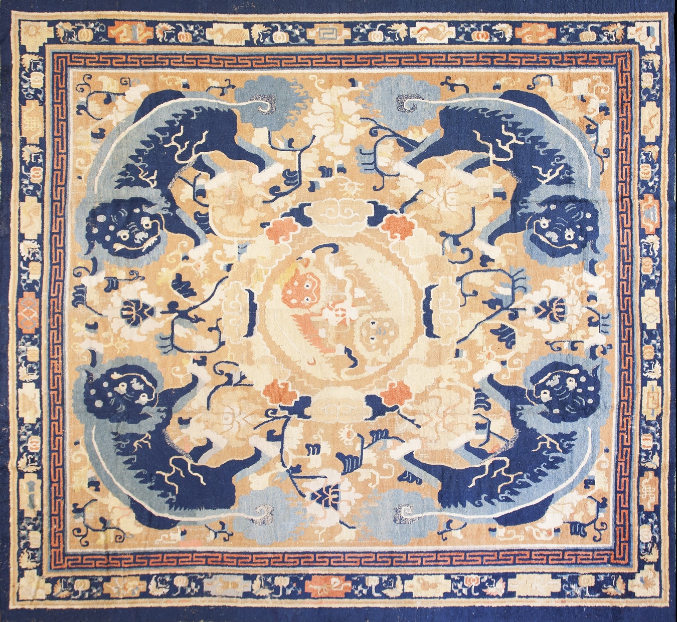 Antique chinese ningxia rug in shades of brown featuring a traditional medallion design - by rugs on net