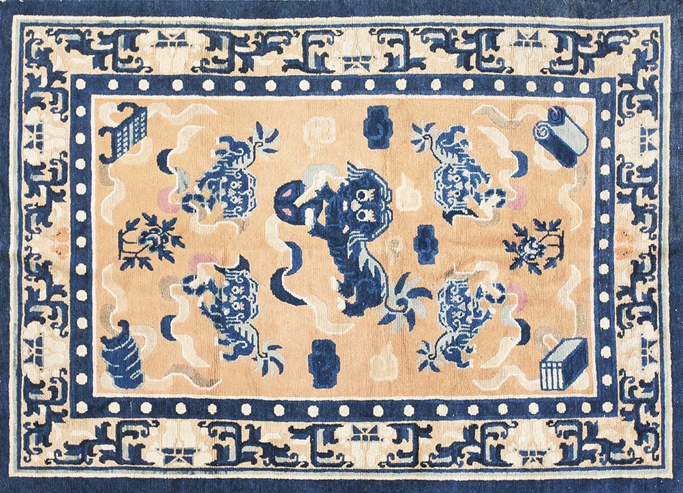 Antique 1890s chinese ningxia rug displaying a traditional geometric coral and light blue pattern - by rugs on net