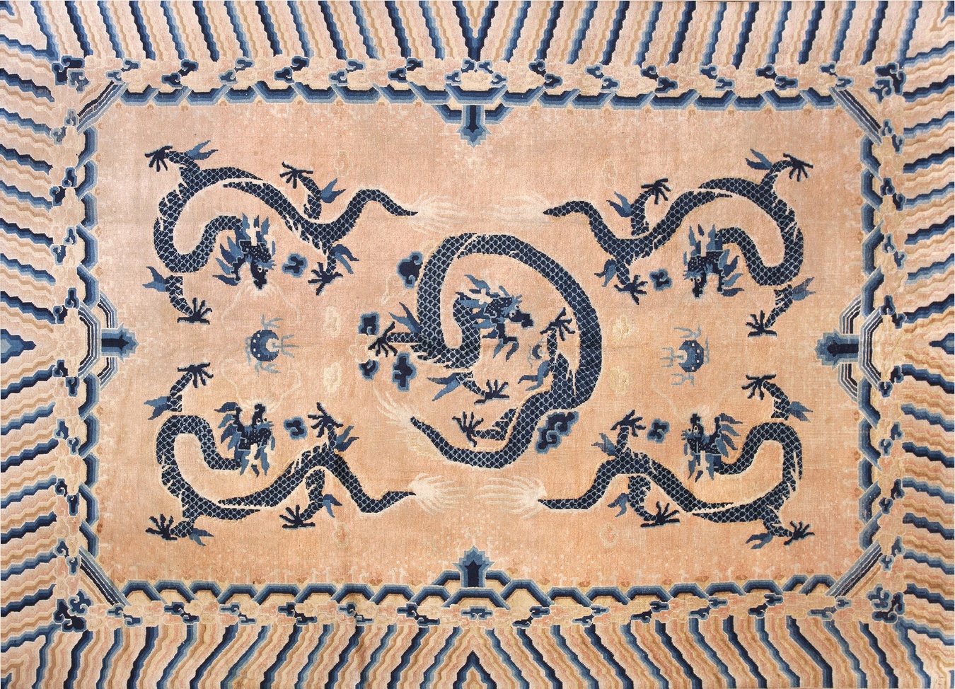 Full view of the antique coral chinese ningxia rug featuring simple central medallions - by rugs on net