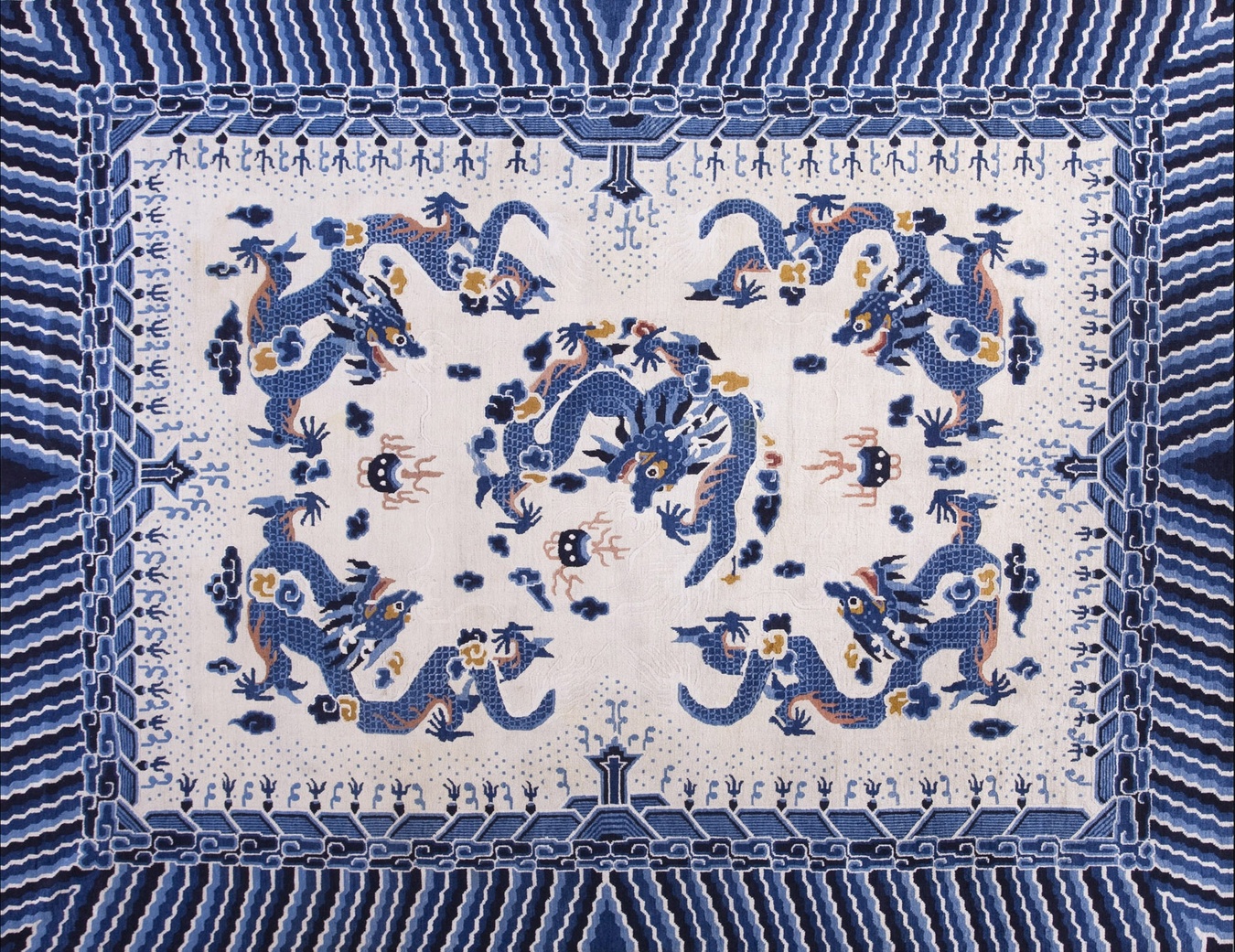 Ivory antique chinese ningxia hand-knotted rug showing traditional 1930s pattern and texture - by rugs on net