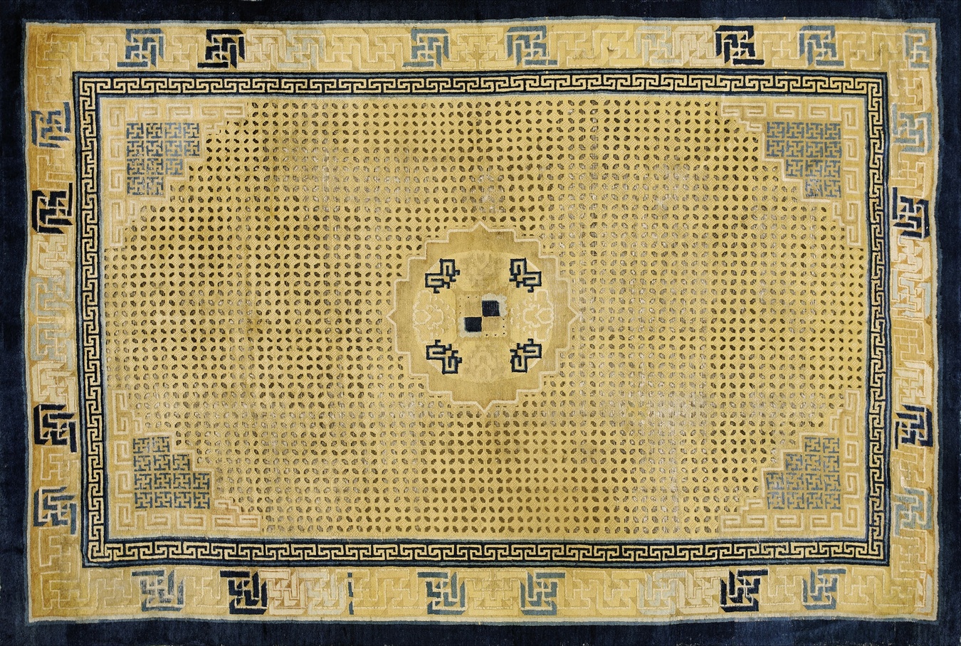 Antique chinese ningxia knotted rug featuring a prominent central medallion and a detailed border - by rugs on net