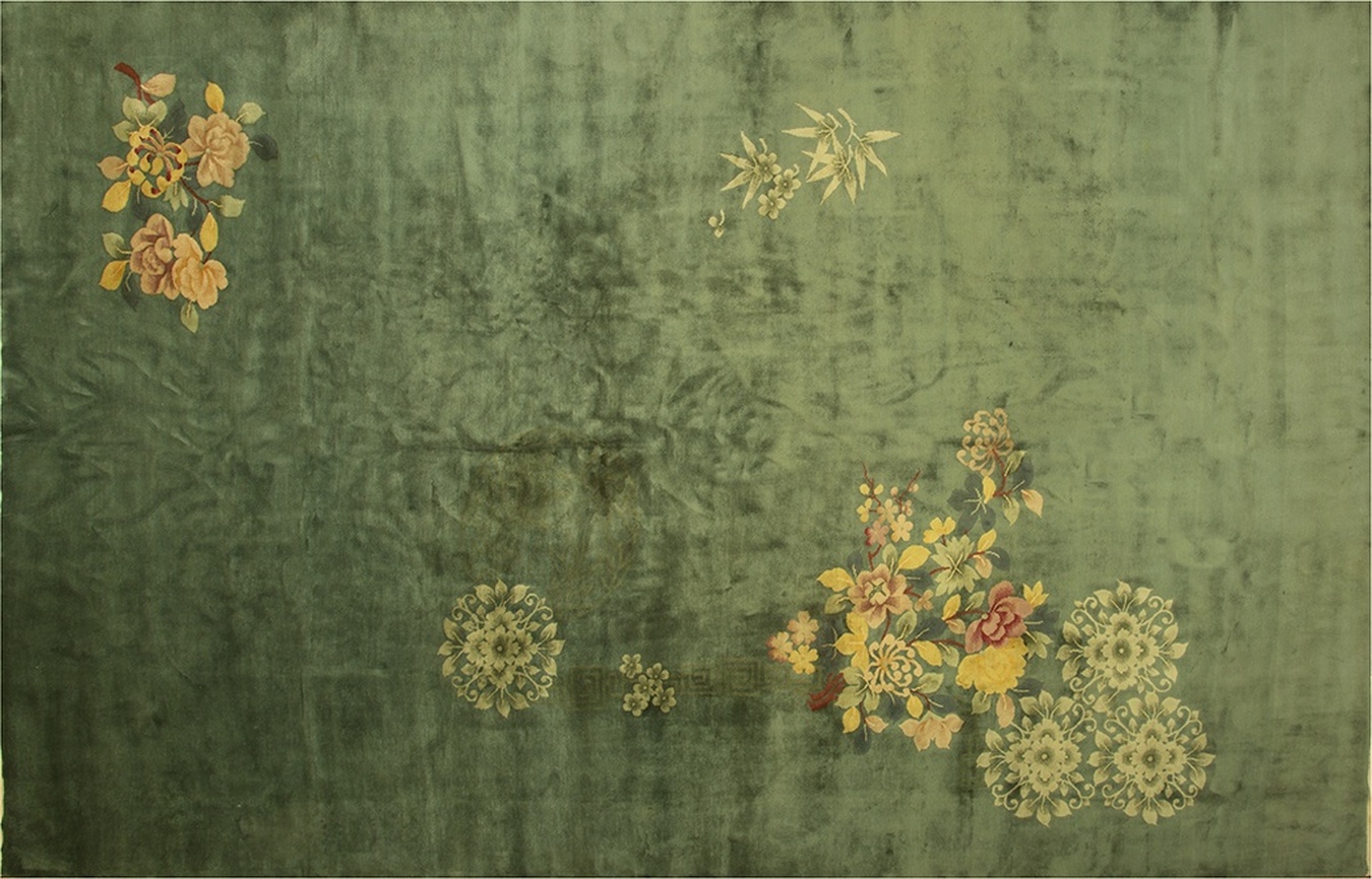 Full view of an antique chinese rug showing the thick wool pile and elegant border pattern - by rugs on net