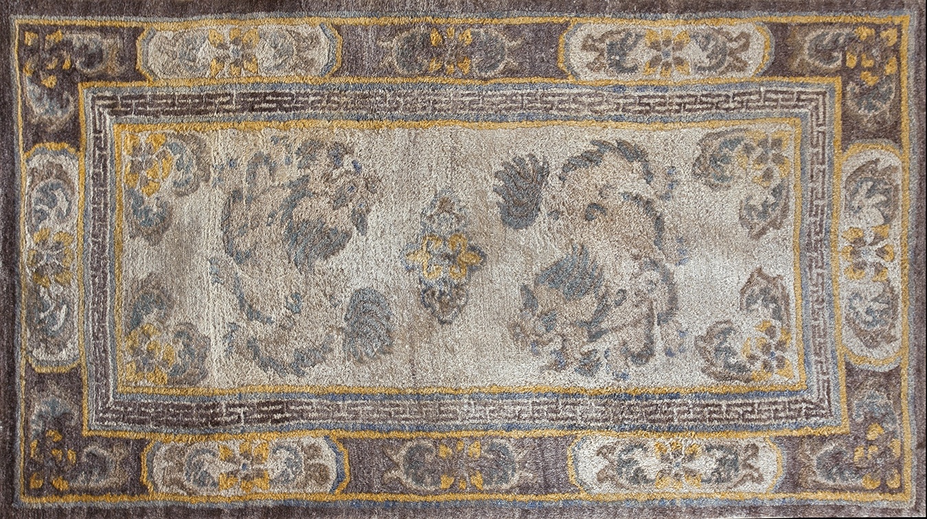 Antique chinese tibetan small scatter size rug made of ivory wool - by rugs on net