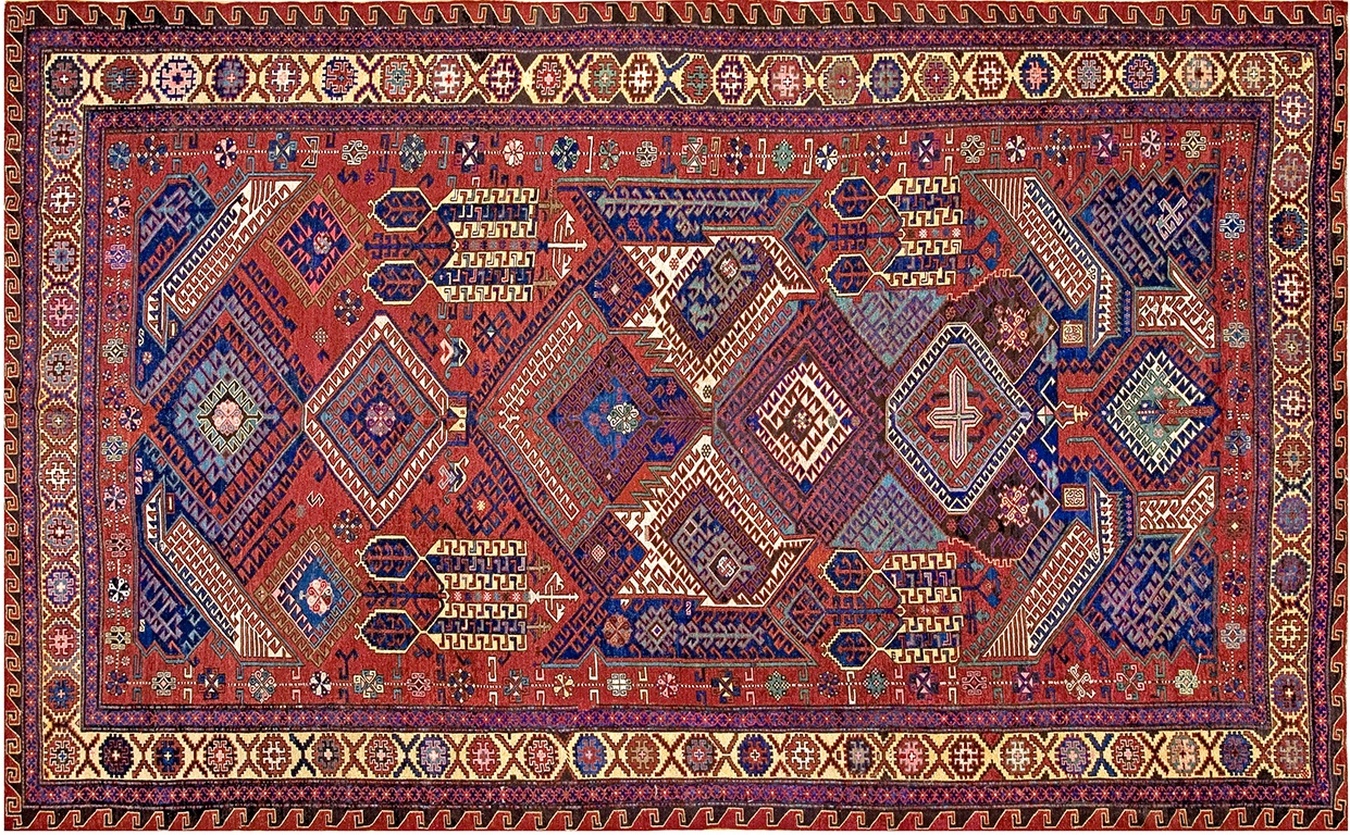 Large antique caucasian dragon design rug featuring deep red background and complex geometric patterns - by rugs on net