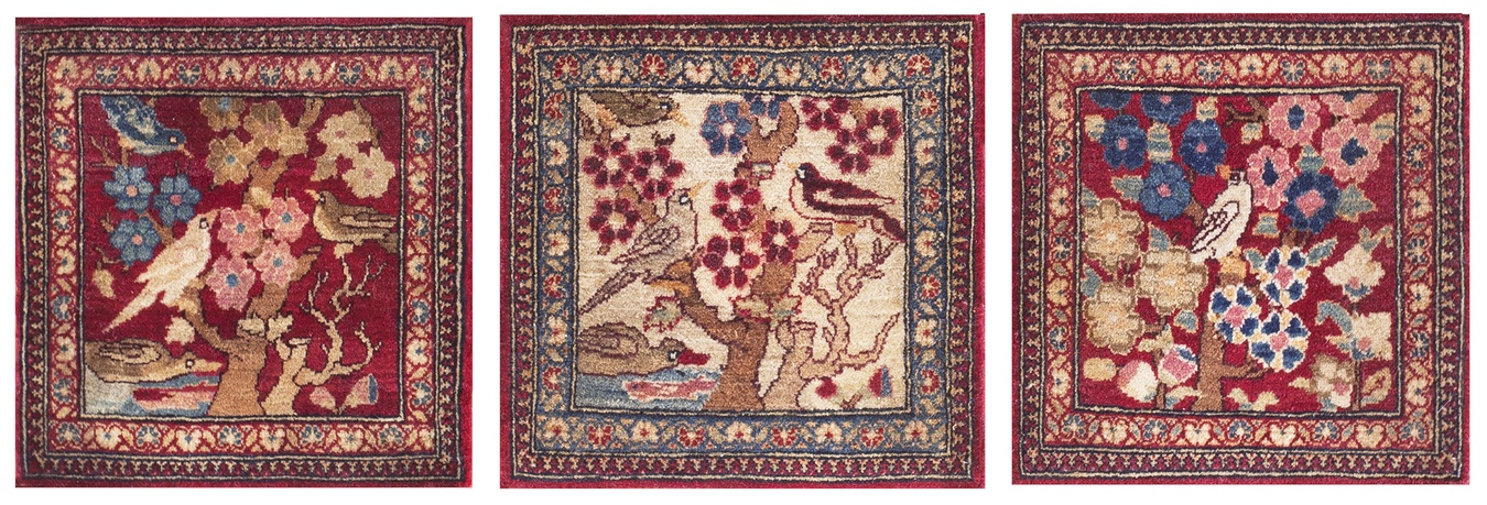 Overhead view of an antique small scatter size esfahan wool bird designs rug in rich coral and blue - by rugs on net