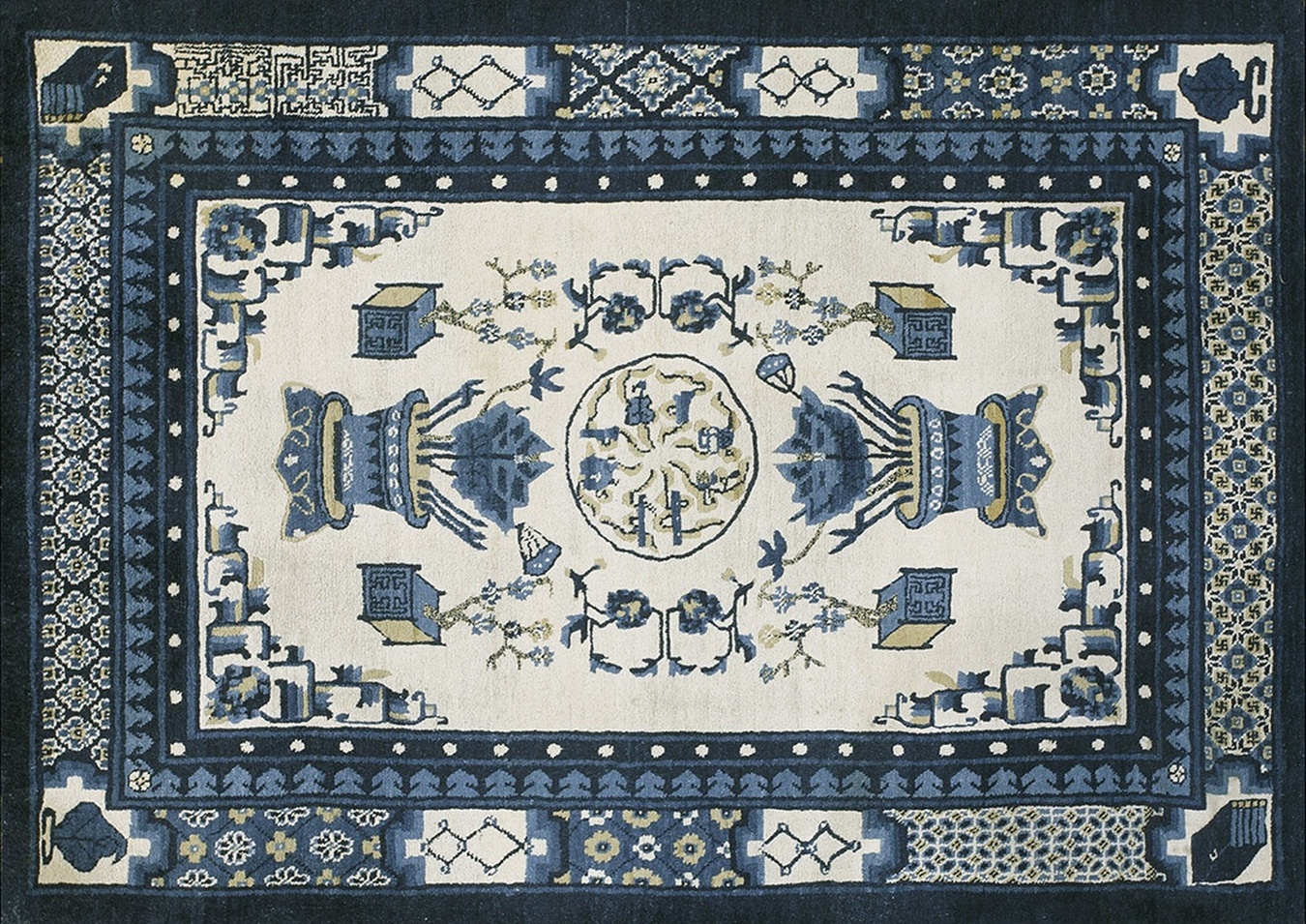 Antique 1890s hand-knotted wool rug showcasing an ivory and beige floral medallion design - by rugs on net