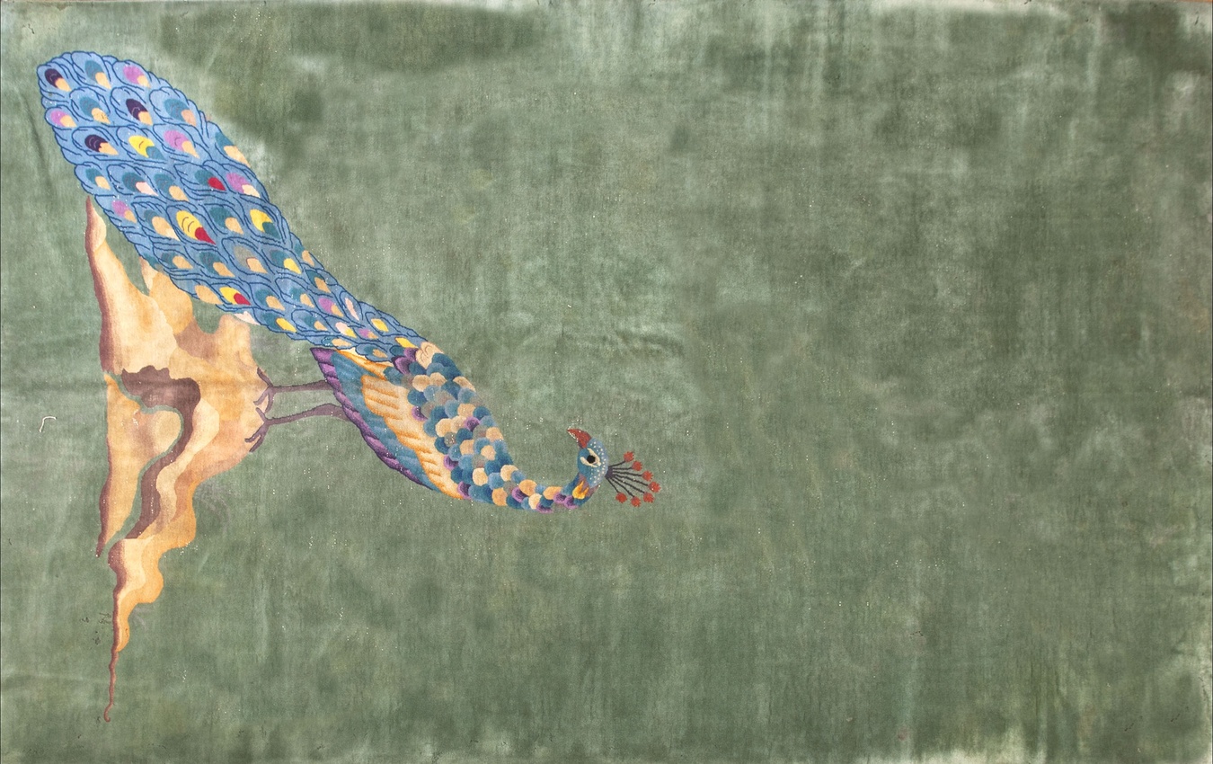 Antique floral wool hand-knotted rug with green main field and detailed border - peacock designs by rugs on net