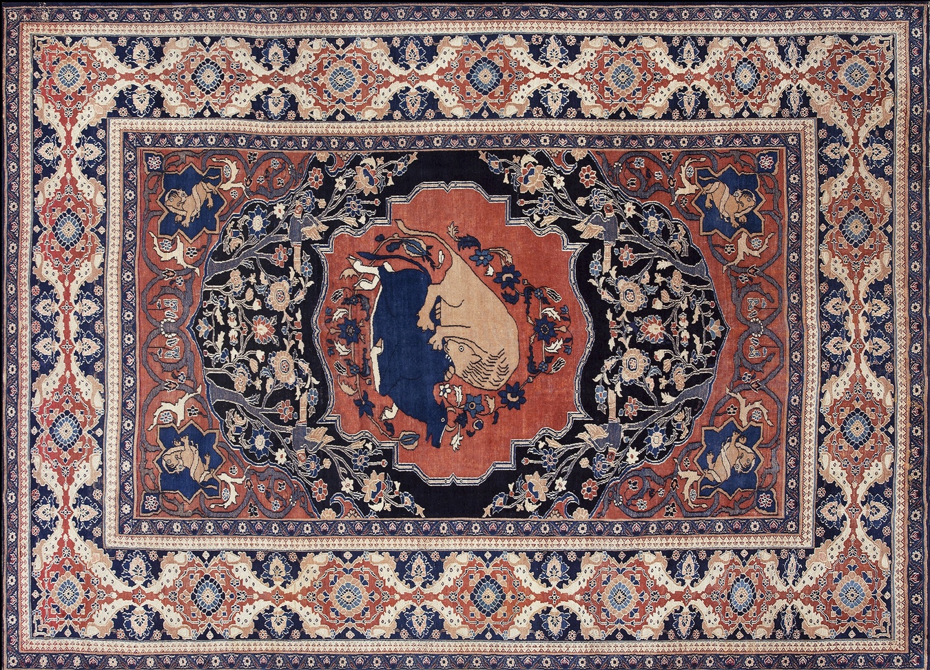 Antique oriental rug with a central medallion, muted red field, and intricate floral details - by rugs on net