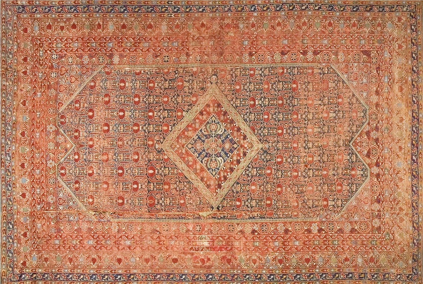 Full view of the antique instegram rug featuring intricate geometric motifs and faded traditional colors - by rugs on net
