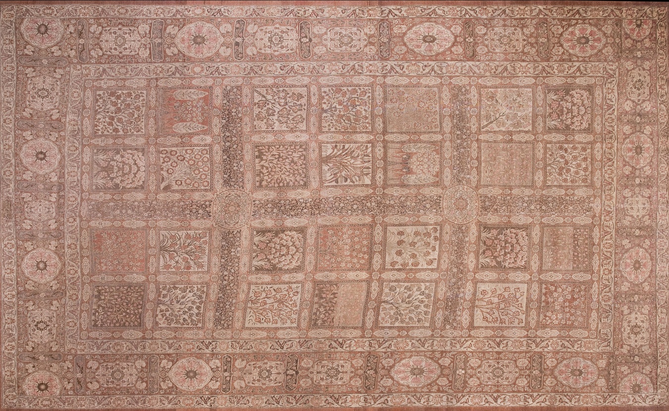 Antique j style hand-knotted rug featuring soft muted earth tones and complex geometric patterns - by rugs on net