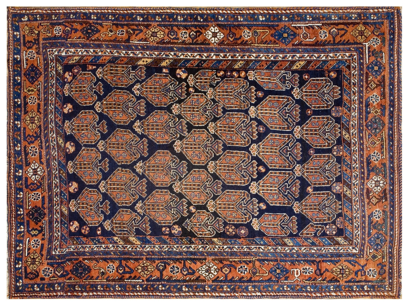 Close-up view of the antique j-style rug showcasing faded colors and intricate geometric patterns - by rugs on net