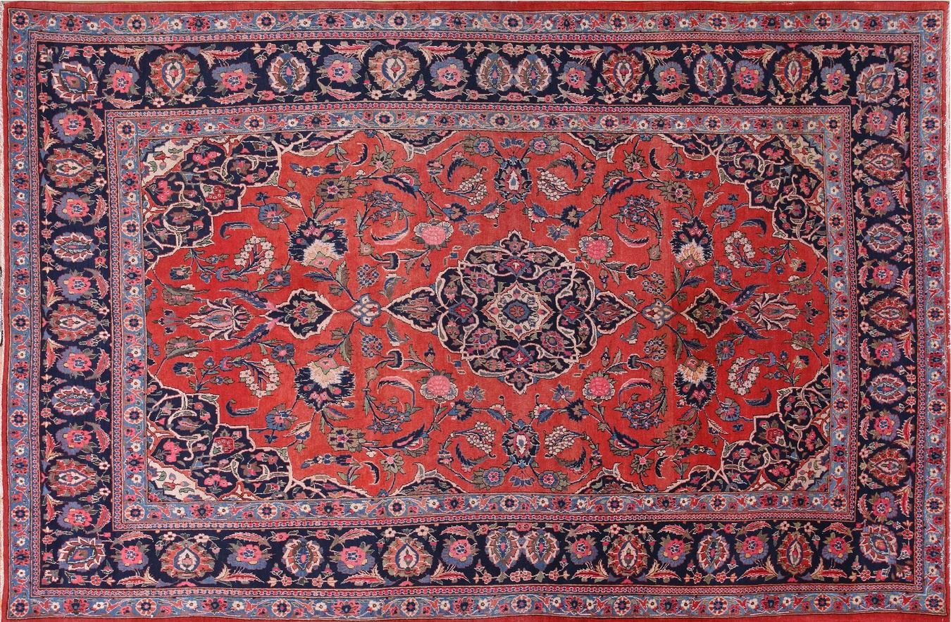 Room size antique persian kashan wool rug featuring a deep coral and navy floral design - by rugs on net