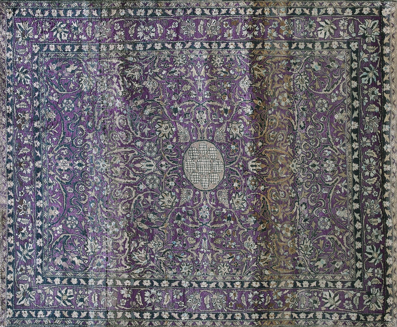 Close-up view of a classic antique kashan rug displaying intricate deep red and blue floral medallions - by rugs on net