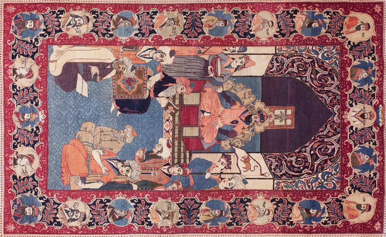 Antique small scatter size kashan wool rug featuring blue and ivory floral medallions - pictorial rugs by rugs on net