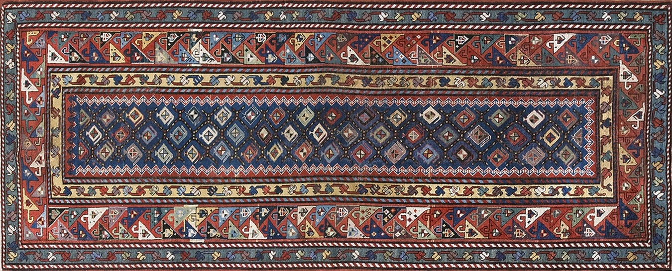 Antique hand-knotted kazak wool hallway runner rug featuring traditional geometric blue and red motifs - by rugs on net