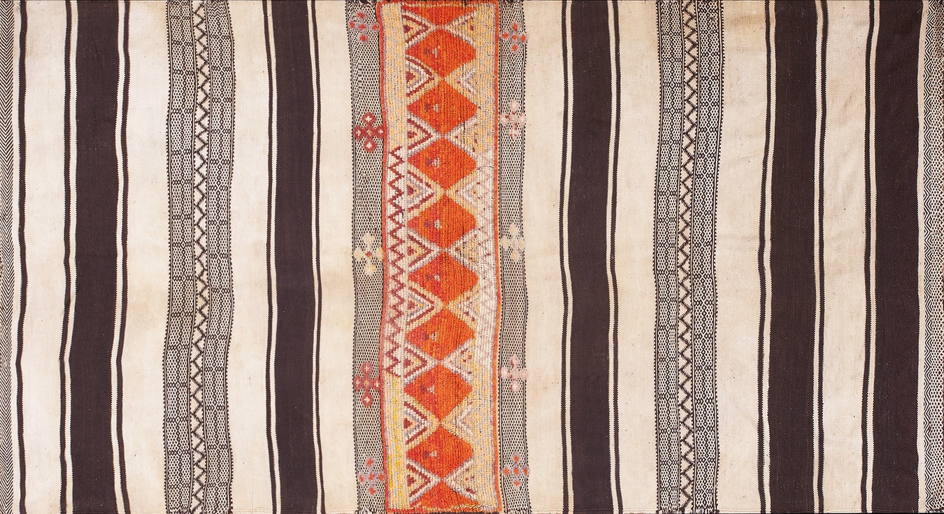 Flatweave antique moroccan kilim featuring red, blue, and cream tribal geometric motifs - by rugs on net