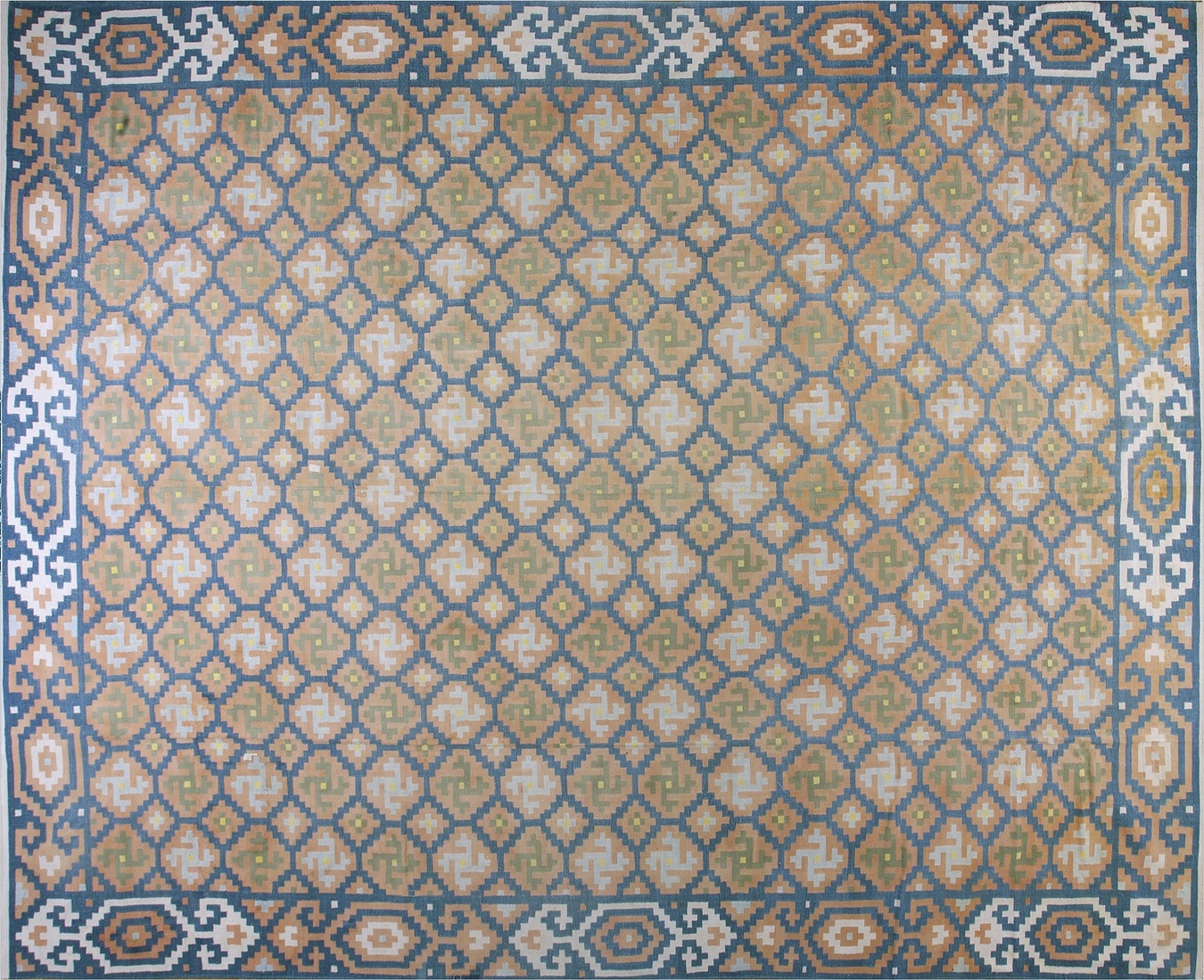 Antique large cotton flat weave rug featuring a deep blue color and geometric patterns - by rugs on net