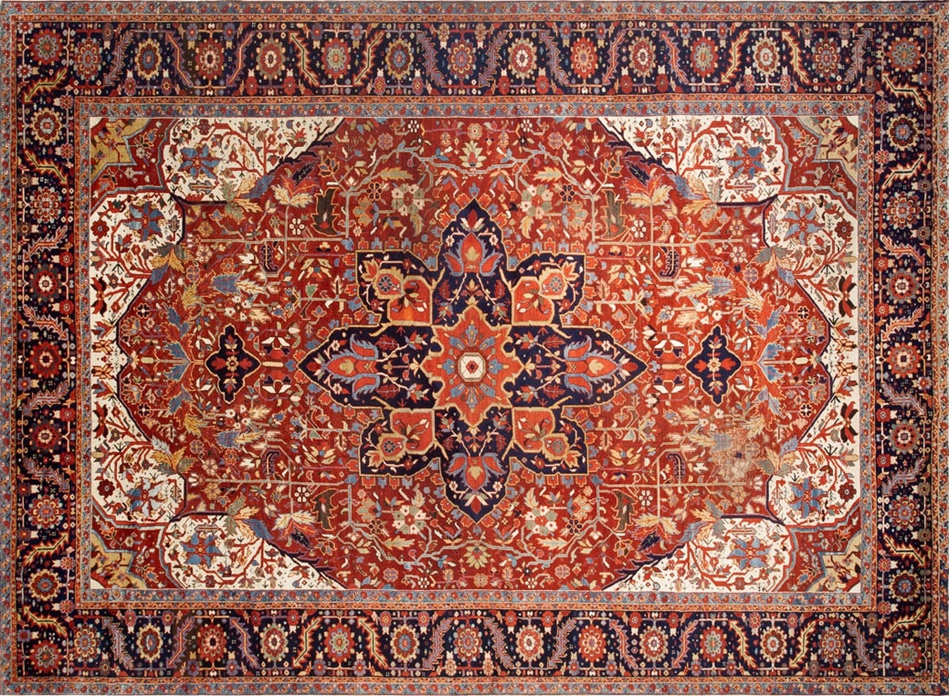 Large antique heriz persian knotted rug showing geometric patterns - by rugs on net