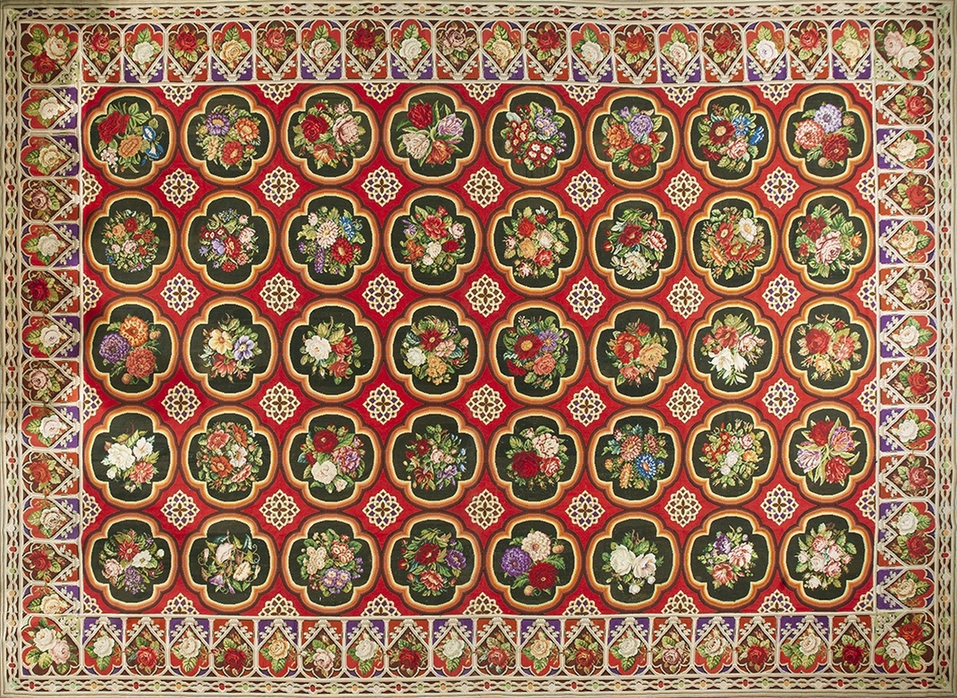 Antique large english needlepoint flat weave floor rug showcasing its subtle floral texture - by rugs on net