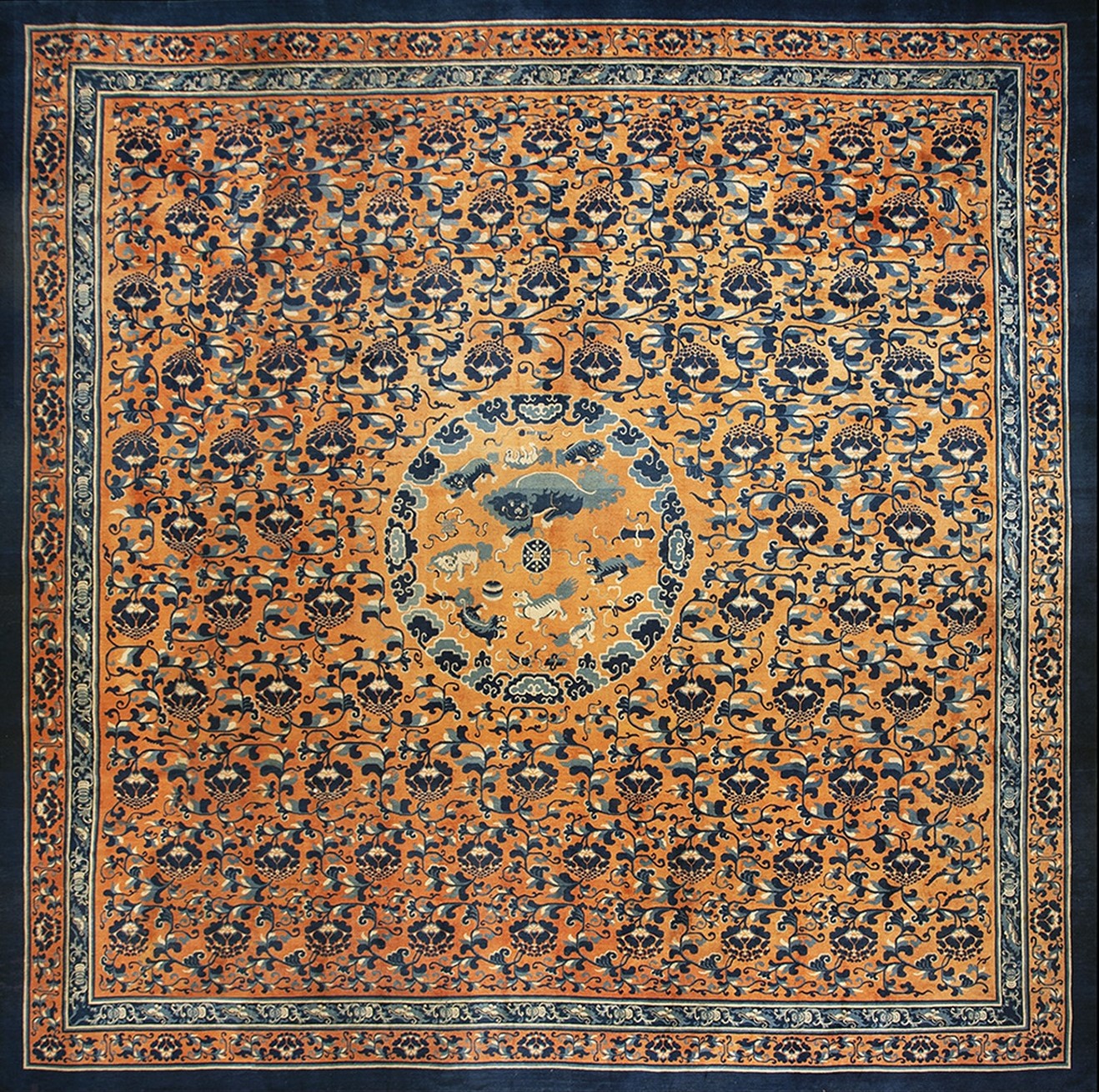 Large antique ningxia wool rug showing traditional blue and ivory geometric motifs - by rugs on net