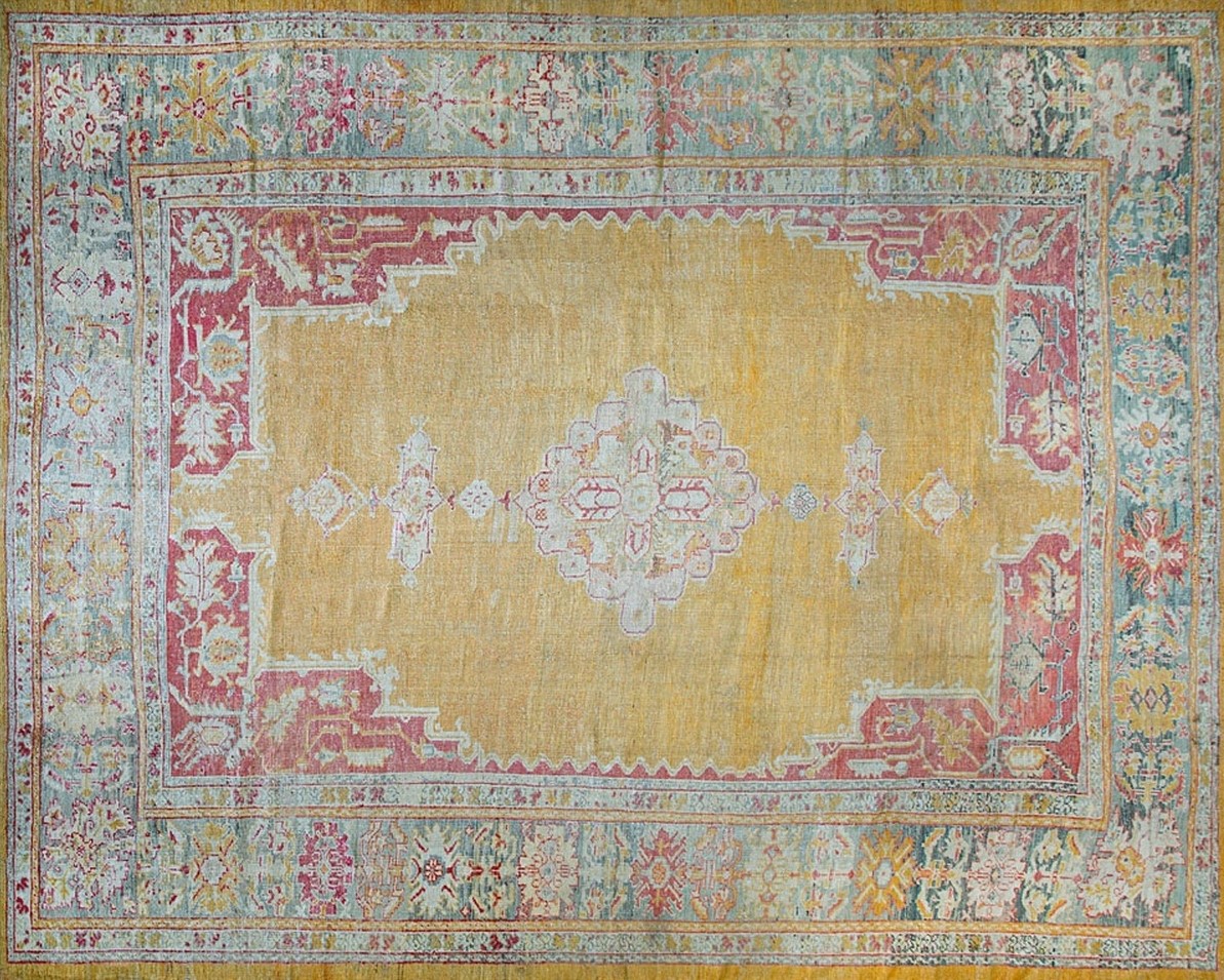 Hand knotted large antique oushak pile rug with detailed floral medallion pattern - by rugs on net
