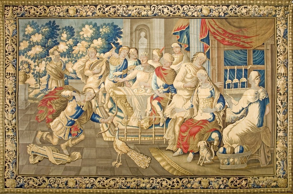 Full view of a large antique belgian flat weave tapestry featuring a detailed floral motif - by rugs on net