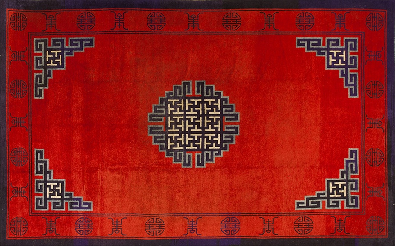 Elegant antique chinese mongolian rug showing a classic central medallion pattern and hand-knotted construction - by rugs on net