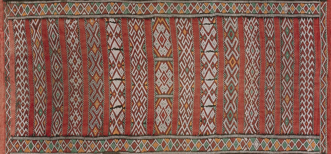 Full view of an antique moroccan rabat flat weave rug featuring geometric patterns and earthy tones - by rugs on net