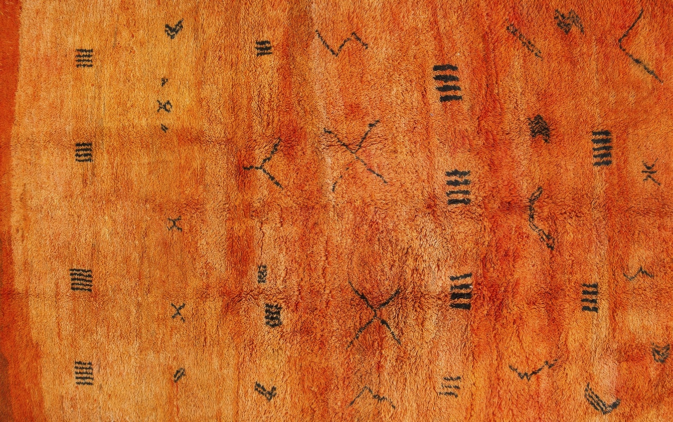 Full view of an antique yellow rabat moroccan rug featuring traditional geometric patterns - by rugs on net