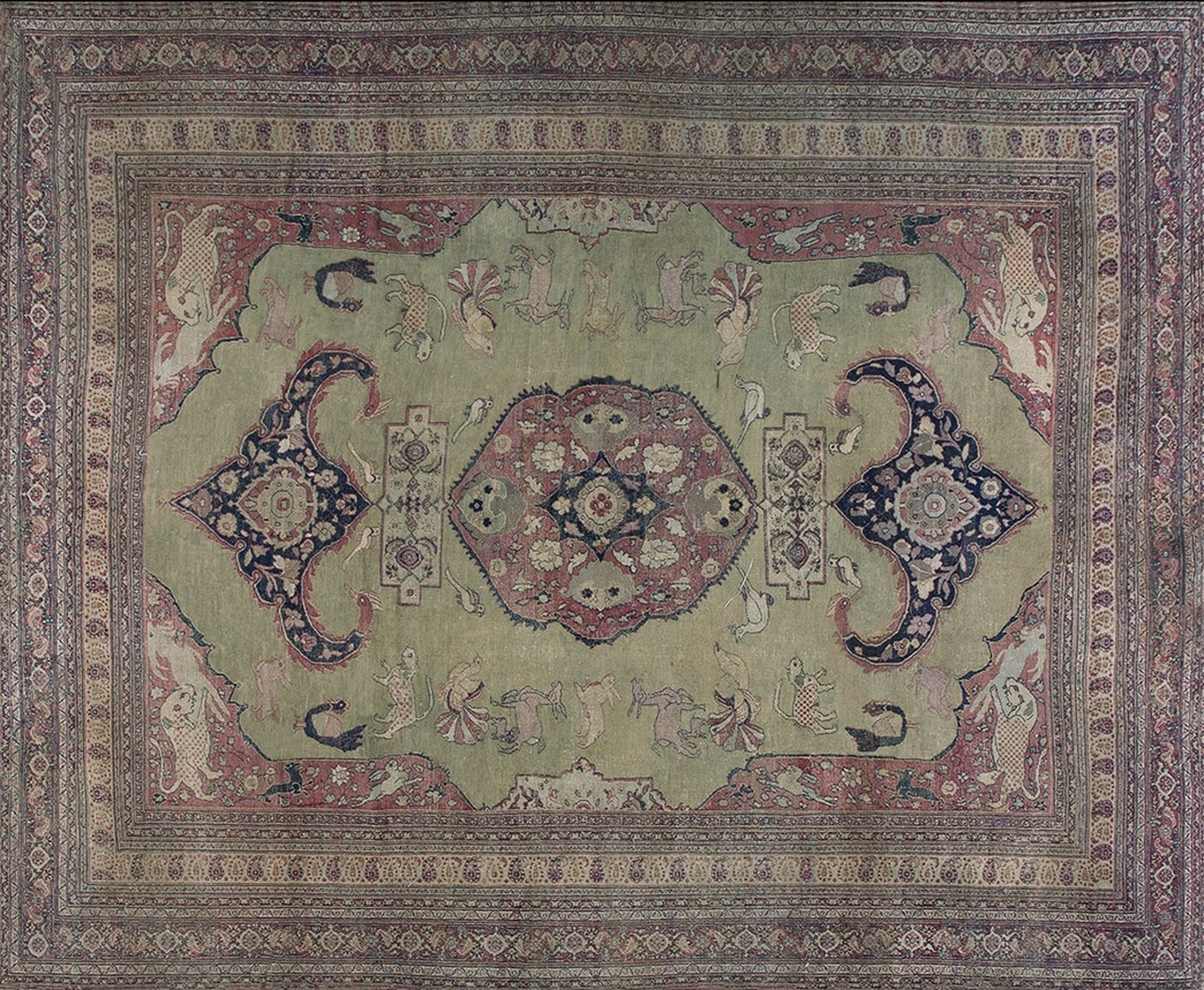 Hand-knotted antique moud persian rug featuring a symmetrical central medallion and elaborate borders - by rugs on net