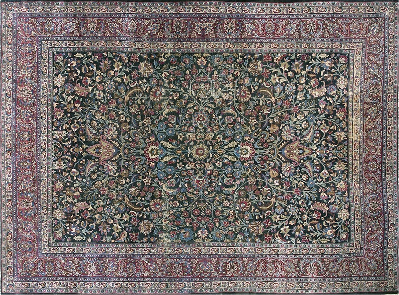 Antique persian moud rug with intricate floral pattern and deep red central medallion - by rugs on net