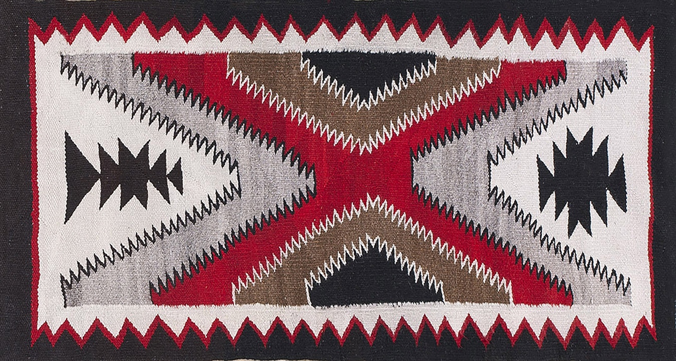 Vintage geometric navajo rug, american circa 1935, showcasing rich coral and brown tones - by rugs on net