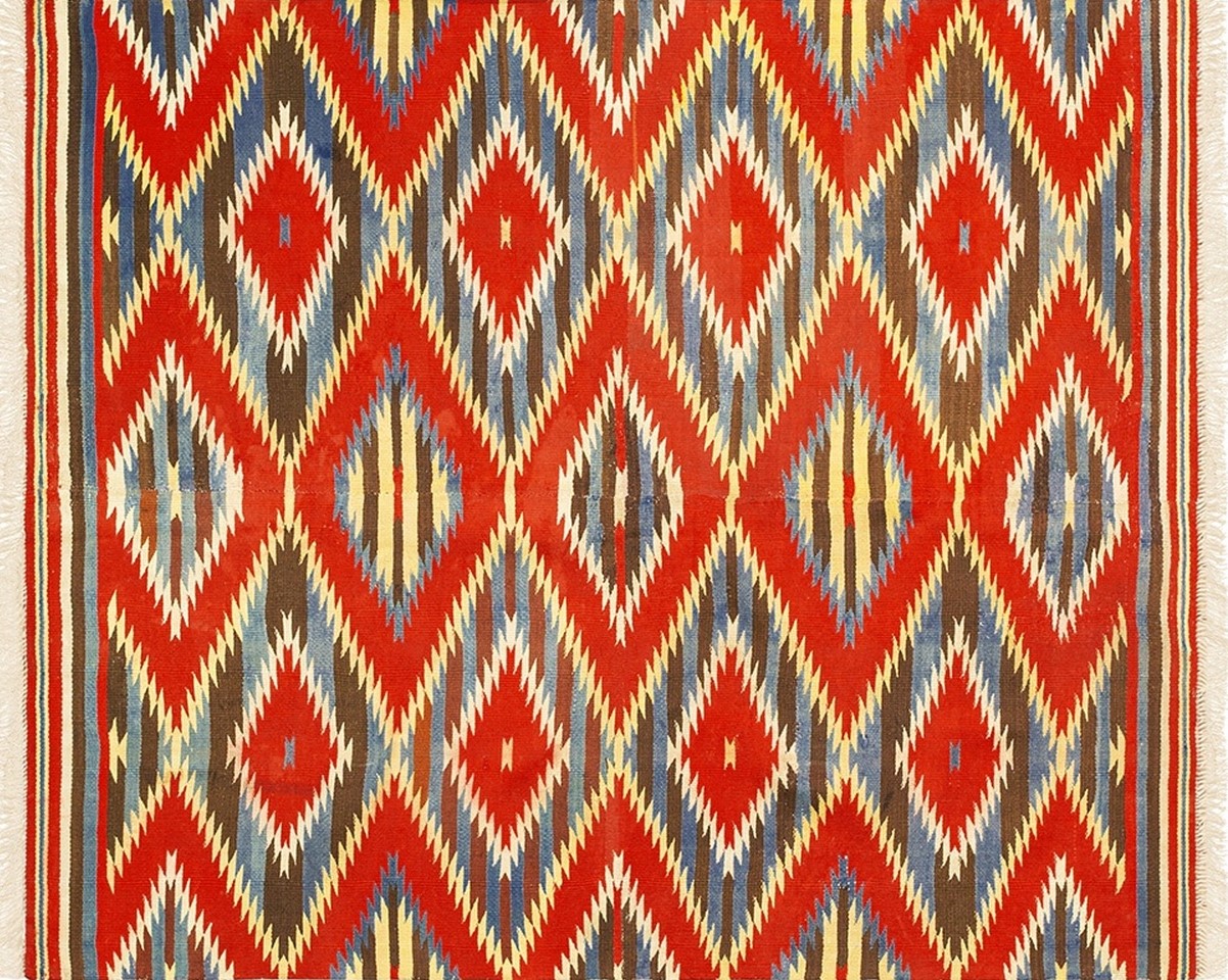 Antique navajo american rug featuring a distressed red and white geometric flat weave pattern - by rugs on net
