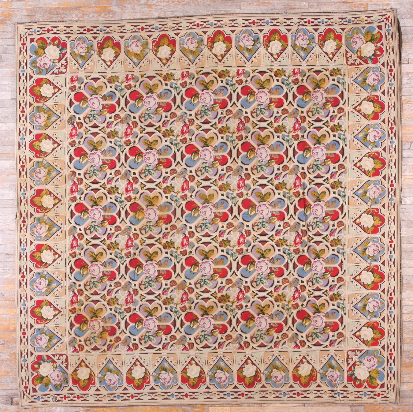 Antique english needlepoint rug featuring an allover floral needlework pattern - by rugs on net