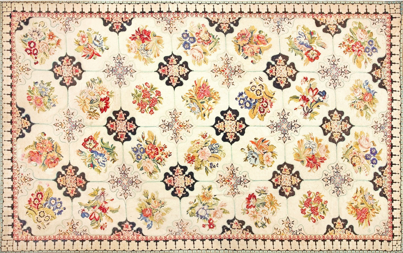 Room size antique ivory wool needlepoint rug displaying full floral medallion design - by rugs on net