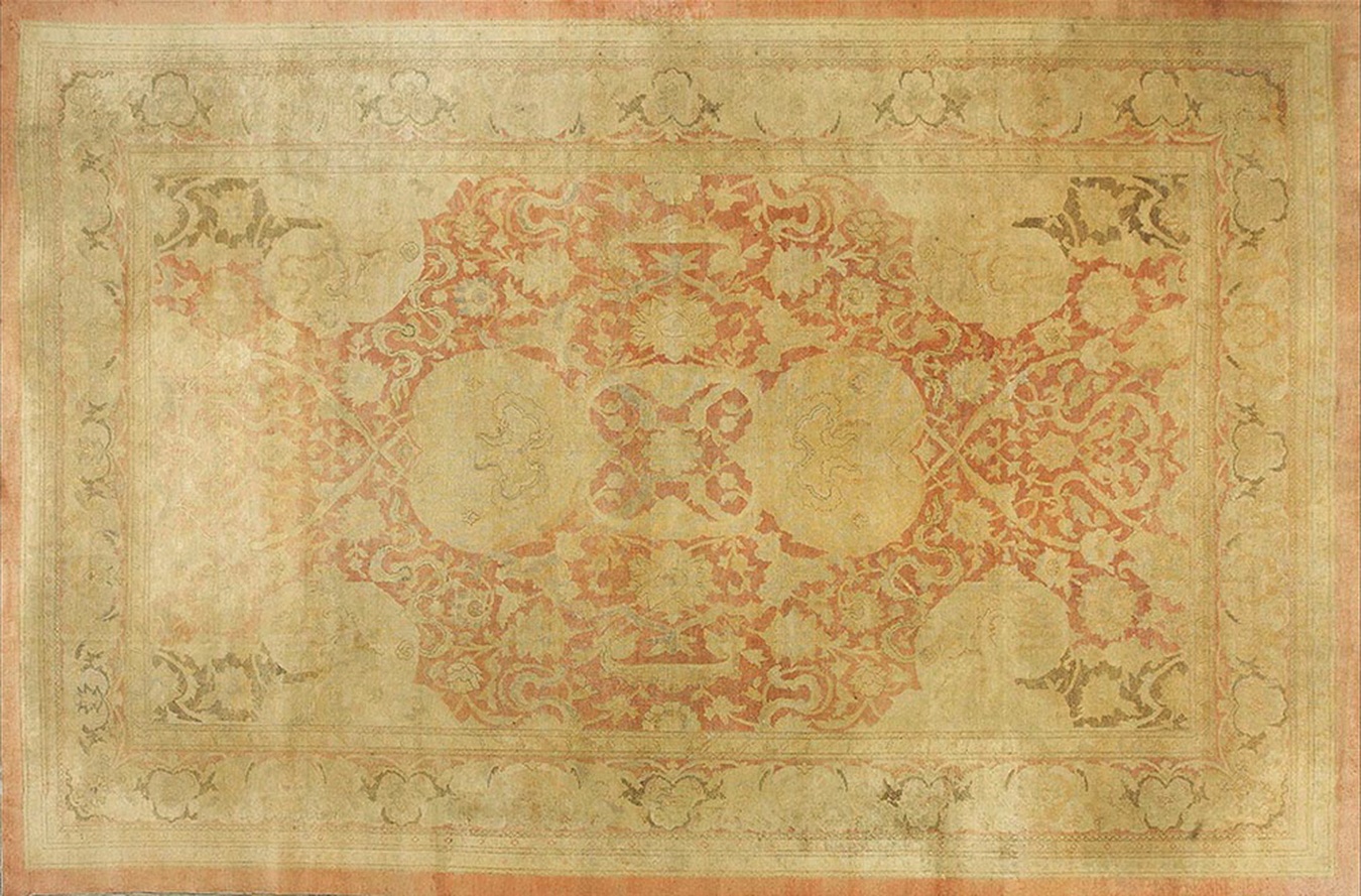 Full view of an antique ok rug featuring traditional geometric medallion patterns in deep red and navy - by rugs on net